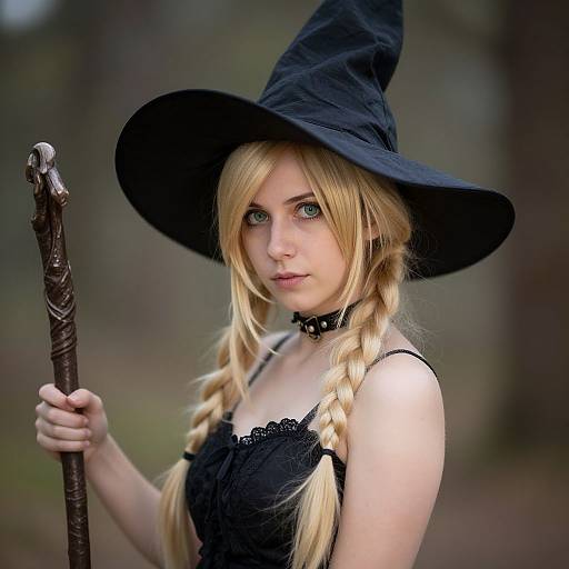 Photograph of a young blonde woman with blue eyes, wearing a black witch hat, lace black top, and choker, holding a staff in a