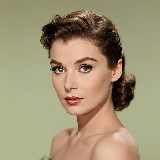 Photorealistic digital portrait of a fair-skinned woman with vintage-style brown wavy hair, green eyes, and red lipstick, against a light green