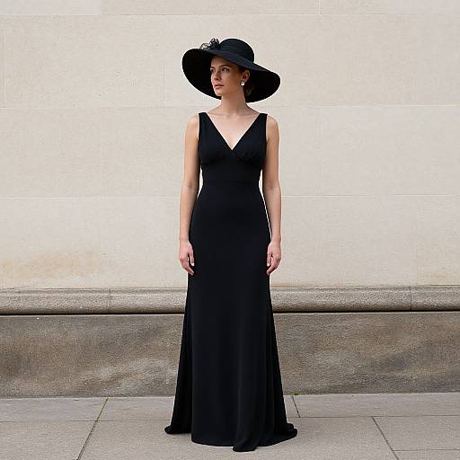 Photograph of a slender woman in a sleeveless, black, V-neck gown with a wide-brimmed black hat, standing against a white wall