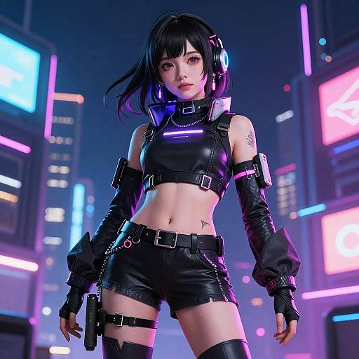 Cyberpunk-style digital artwork of an Asian woman with black hair, wearing a black leather crop top, shorts, and arm bands, standing in a