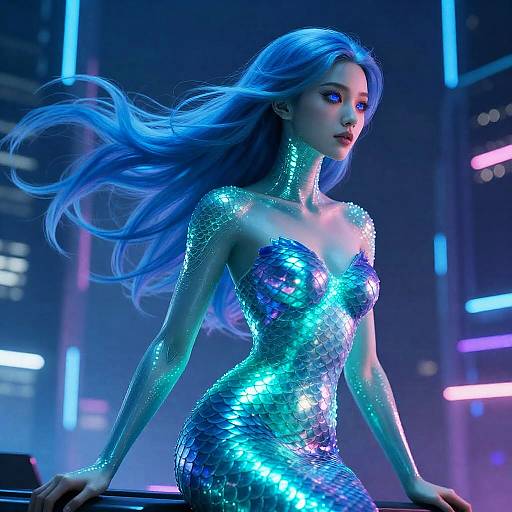 Elegant Cybernetic Mermaid in Neon City