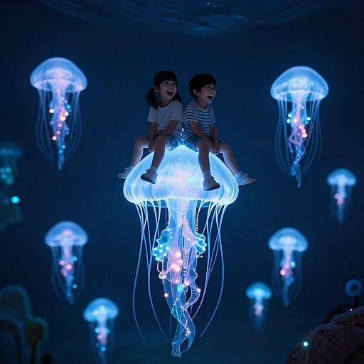 Photograph of two children sitting on a glowing blue jellyfish in a dark, underwater-themed exhibit with multiple illuminated jellyfish.