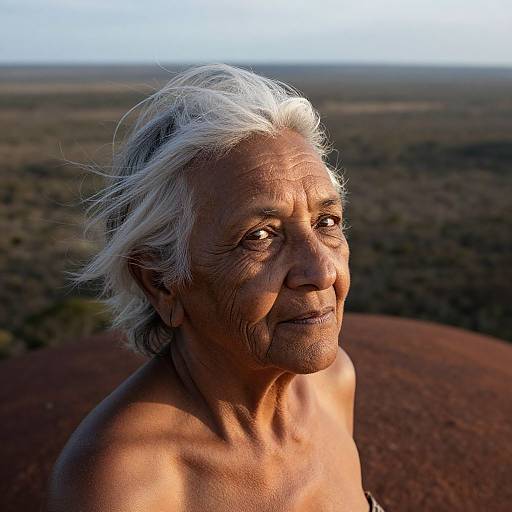 Photograph of a topless elderly Indigenous woman with white hair, wrinkled face, and warm brown skin, standing on a red rock against a vast