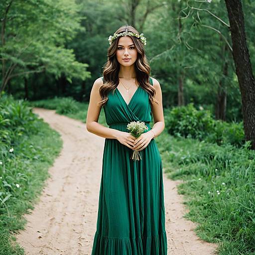 Woman in Green Maxi Dress on Forest Path