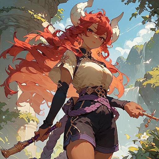 Digital anime-style illustration of a red-haired, horned demon girl with large breasts, wearing a white shirt, black shorts, and holding a staff,