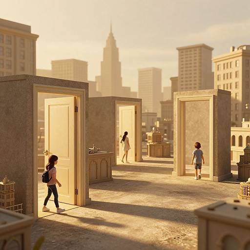 Photorealistic CGI of a sunlit rooftop with three people: two women and a child, walking through stone doorways, tall city buildings in the