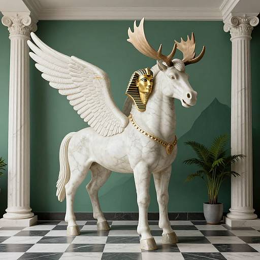 Digital artwork of a white winged horse with golden antlers, Egyptian collar, and gold necklace, standing in a classical room with green walls, white
