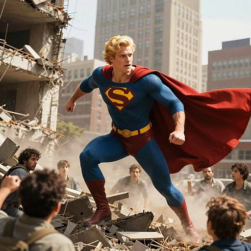 Blond Superhero Rescuing Civilians