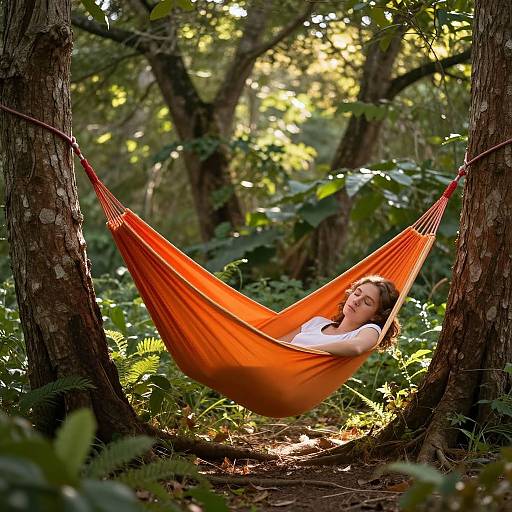Photograph of a woman with light brown hair, wearing a white tank top, relaxing in an orange hammock between two trees in a sunlit,