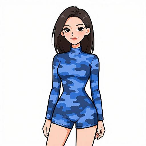 Digital anime-style drawing of a smiling woman with black hair, wearing a blue camo-patterned long-sleeve bodysuit, standing against a