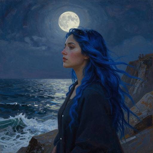 Digital painting of a blue-haired woman with flowing hair, standing by a moonlit, rocky sea shore, waves crashing, full moon glowing above.