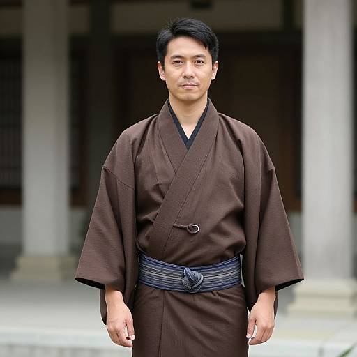 Man in Brown Kimono by Pillared Building