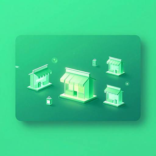 Digital illustration of four glowing white storefronts with awnings on a mint green background, featuring three shopping bags and two bubbles. Minimalist, futuristic style