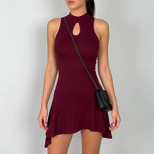 Photograph of a woman with fair skin, wearing a sleeveless, dark maroon dress with a keyhole neckline, black shoulder bag, and long