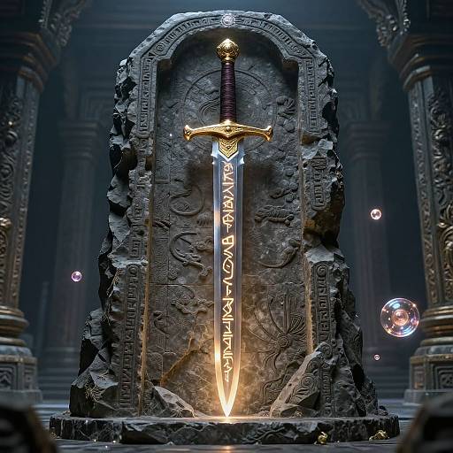 Photograph of a glowing, ornate sword inscribed 