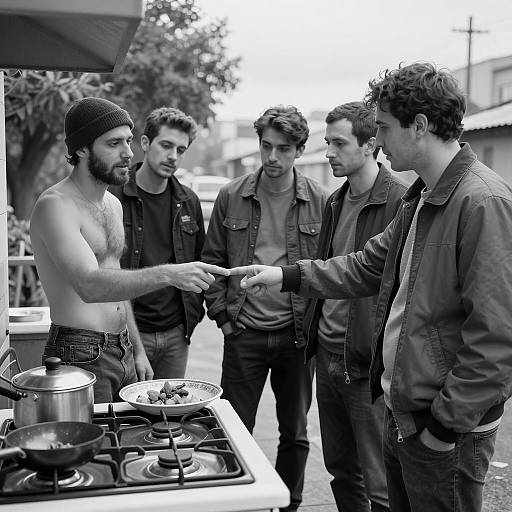 Interaction Around a Stove in Black and White
