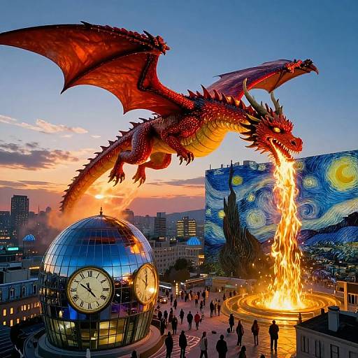 Photograph of a red dragon breathing fire onto a clock sphere, with Van Gogh's 