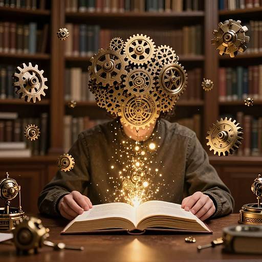Photograph of a person with a face replaced by golden gears, hands on an open book, surrounded by floating gears in a library.