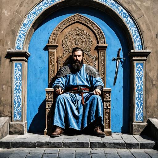 Bearded Man on Ornate Throne with Sword