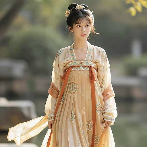 Photograph of a young East Asian woman in a traditional, floral-patterned, beige Korean hanbok with orange ribbon, standing outdoors in sunlight.