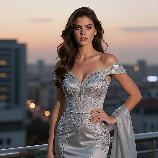 Elegant Silver Evening Gown Portrait at Sunset