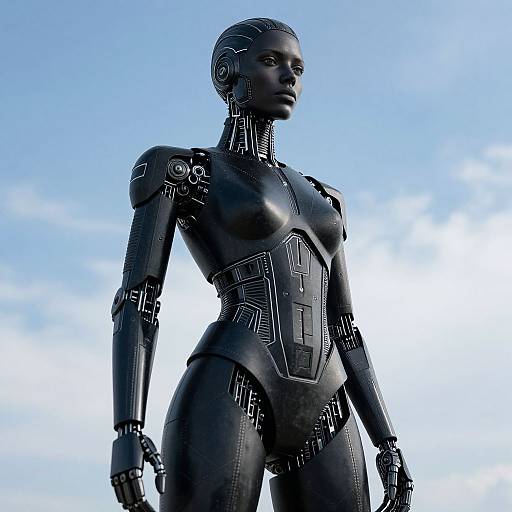 Photorealistic CGI of a sleek, black female humanoid robot with intricate mechanical details, standing confidently against a clear blue sky.