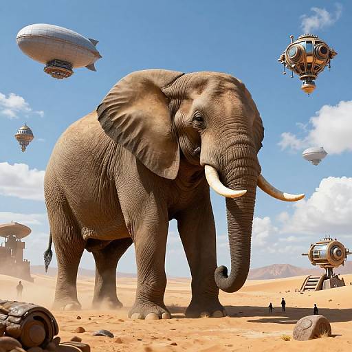 Photorealistic CGI of a massive, gray elephant with large tusks standing in a desert, surrounded by futuristic airships and floating structures. Clear blue