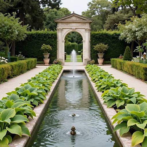 Symmetrical Hosta Garden with Fountain