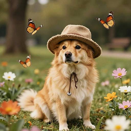 Dog Wearing Hat Among Flowers and Butterflies
