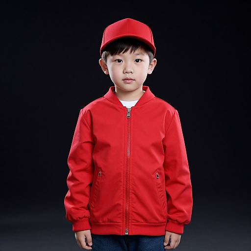 Photograph of an Asian boy with fair skin, black hair, wearing a red jacket, matching red cap, white shirt, and blue jeans, standing