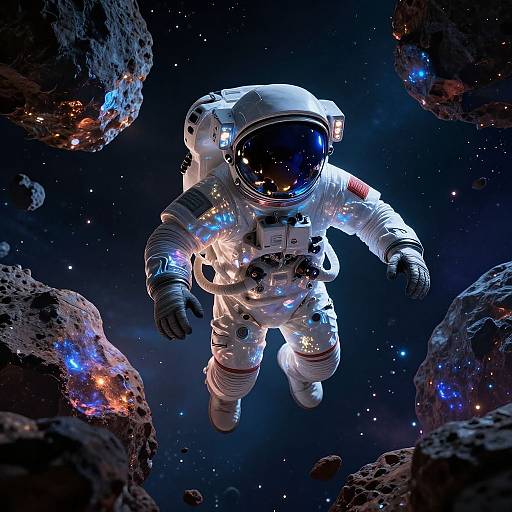 Futuristic Astronaut Exploring Glowing Asteroids