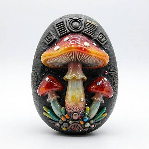 Photograph of a colorful, detailed ceramic mushroom ornament with red, orange, and yellow caps, set against a black, patterned oval background.