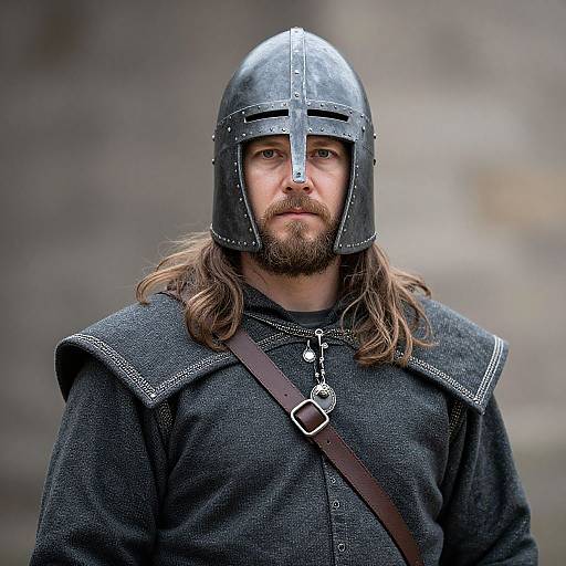 Photograph of a bearded man with long brown hair wearing a medieval black metal helmet and dark, textured tunic with a leather strap. Blurred