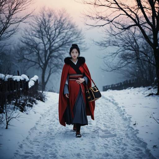Pregnant Samurai Woman in Snowy Landscape