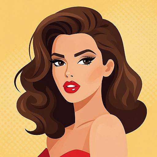 Digital illustration of a stylish woman with wavy brown hair, red lipstick, and bold eyebrows, wearing a red strapless top, against a yellow background