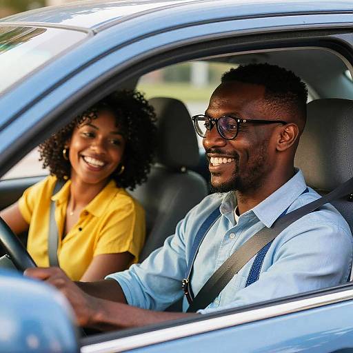 Photograph of smiling Black couple in a blue car; man with glasses, beard, light blue shirt, woman in yellow shirt, both wearing seatbel