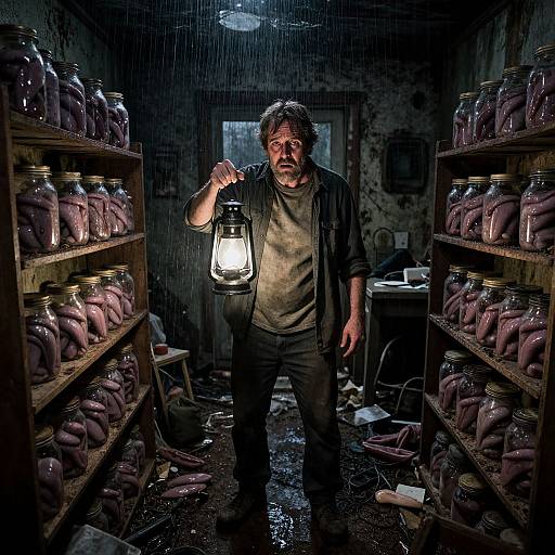 Photograph: A rugged, bearded man with messy brown hair stands in a dimly lit, rain-soaked room, holding a lantern, surrounded