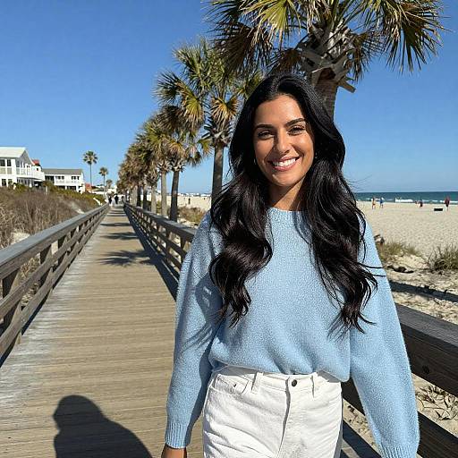 Smiling Woman on Beach Boardwalk