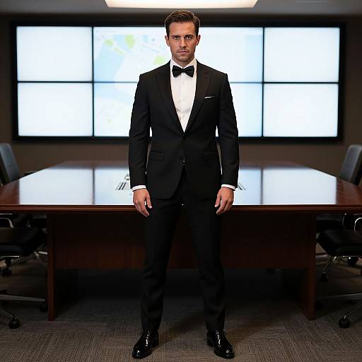 Photograph of a handsome man in a black tuxedo with a bow tie, standing in a modern office with bright windows behind him, in front
