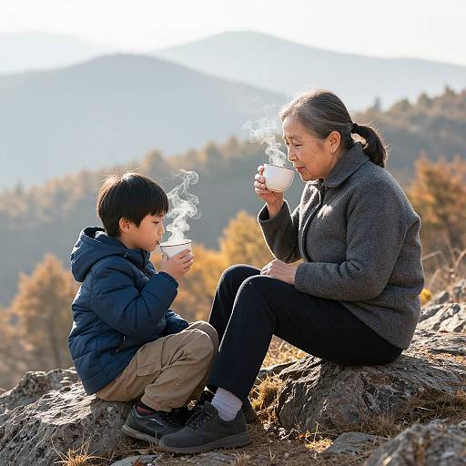 Photograph of an Asian woman and young boy sitting on a rocky hill, sipping hot drinks, wearing winter jackets, with autumn foliage and mountains in
