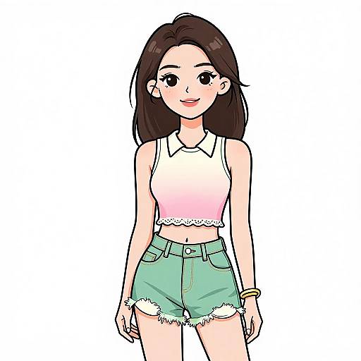Digital anime-style drawing of a smiling young woman with long dark brown hair, wearing a pink-white crop top and green frayed shorts.