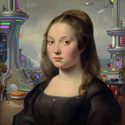 Digital art: Renaissance-style portrait of a fair-skinned woman with brown hair, wearing a black dress, set against a futuristic, neon-lit city