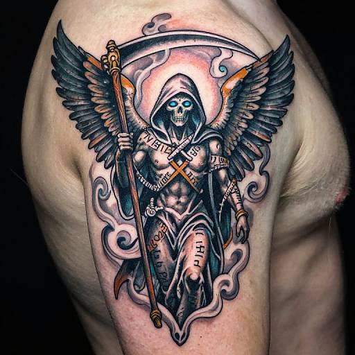 Tattoo of a skeletal angel with hood, black wings, holding a staff, and 