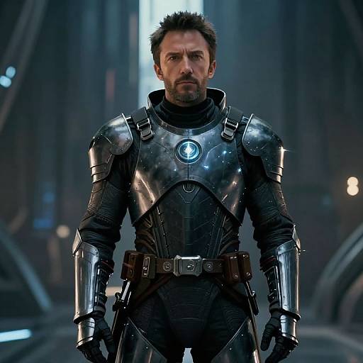 Photograph of a serious, bearded man in shiny, black, futuristic armor with a glowing blue chest emblem, standing in a dimly lit,
