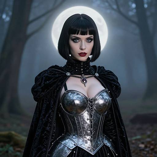 Digital artwork of a pale-skinned woman with black bob haircut, wearing metallic corset, black cape, and dark makeup, glowing halo in misty