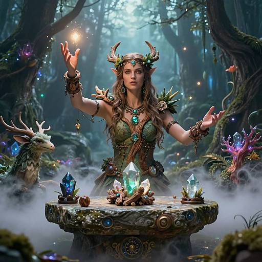 Fantastical forest scene: Elven woman with antlered headpiece, green dress, glowing crystals, and mystical creatures, casts spell, surrounded