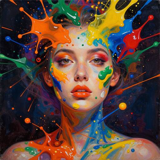 Digital portrait of a woman with colorful paint splatters on her face and neck, against a dark background. Vibrant, expressive, and abstract.