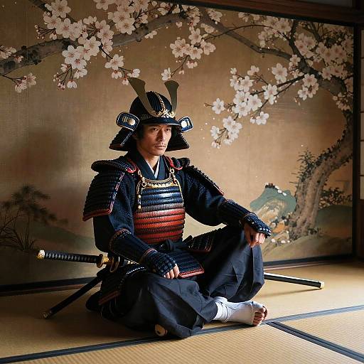 Samurai in Yokozuwari Pose on Tatami