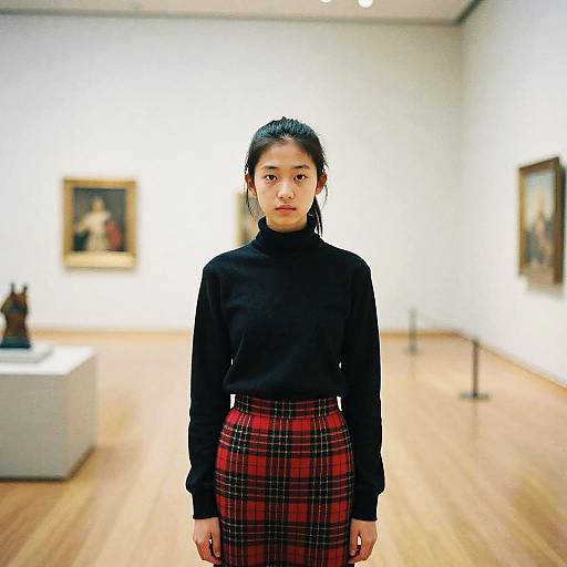Asian woman with black turtleneck and red plaid skirt, standing in a bright, modern art gallery with blurred paintings in the background. Photograph.
