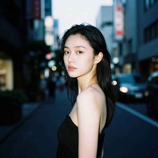 Photograph of a slender, young Asian woman with long black hair, wearing a black strapless top, standing on a dimly lit urban street at